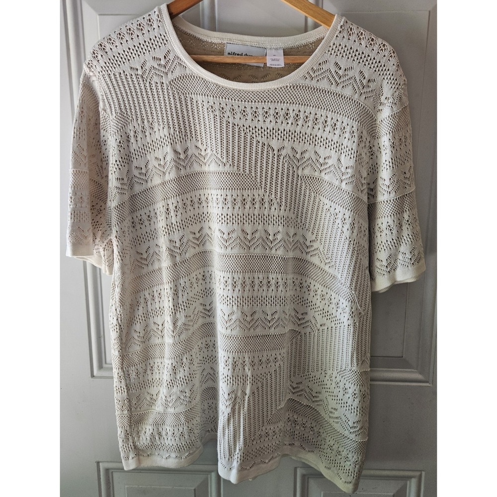 Alfred Dunner XL Ivory Open Knit Sweater Short Sleeve Crochet Pullover USA Made